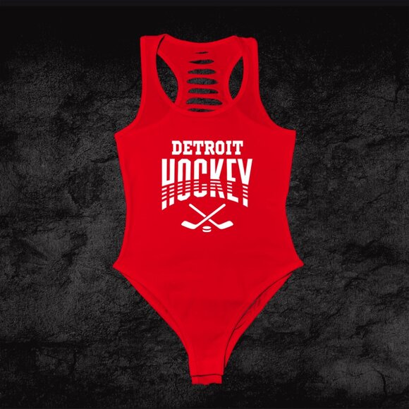 Red/White Detroit Hockey Bodysuit,  Outfit, Custom cut Clothes, Michigan Gift - Picture 1 of 3